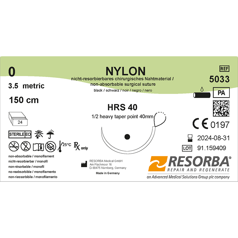Нейлон моно USP 0 чорний петля 150см, голка колюча 40мм, збільш. діам., 1/2 кола